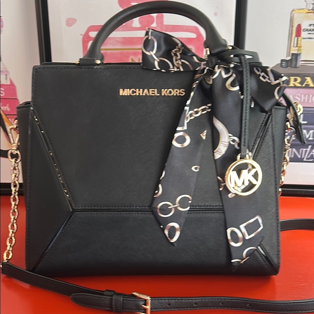 Michael Kors Black and Gold Satchel with Structured Design